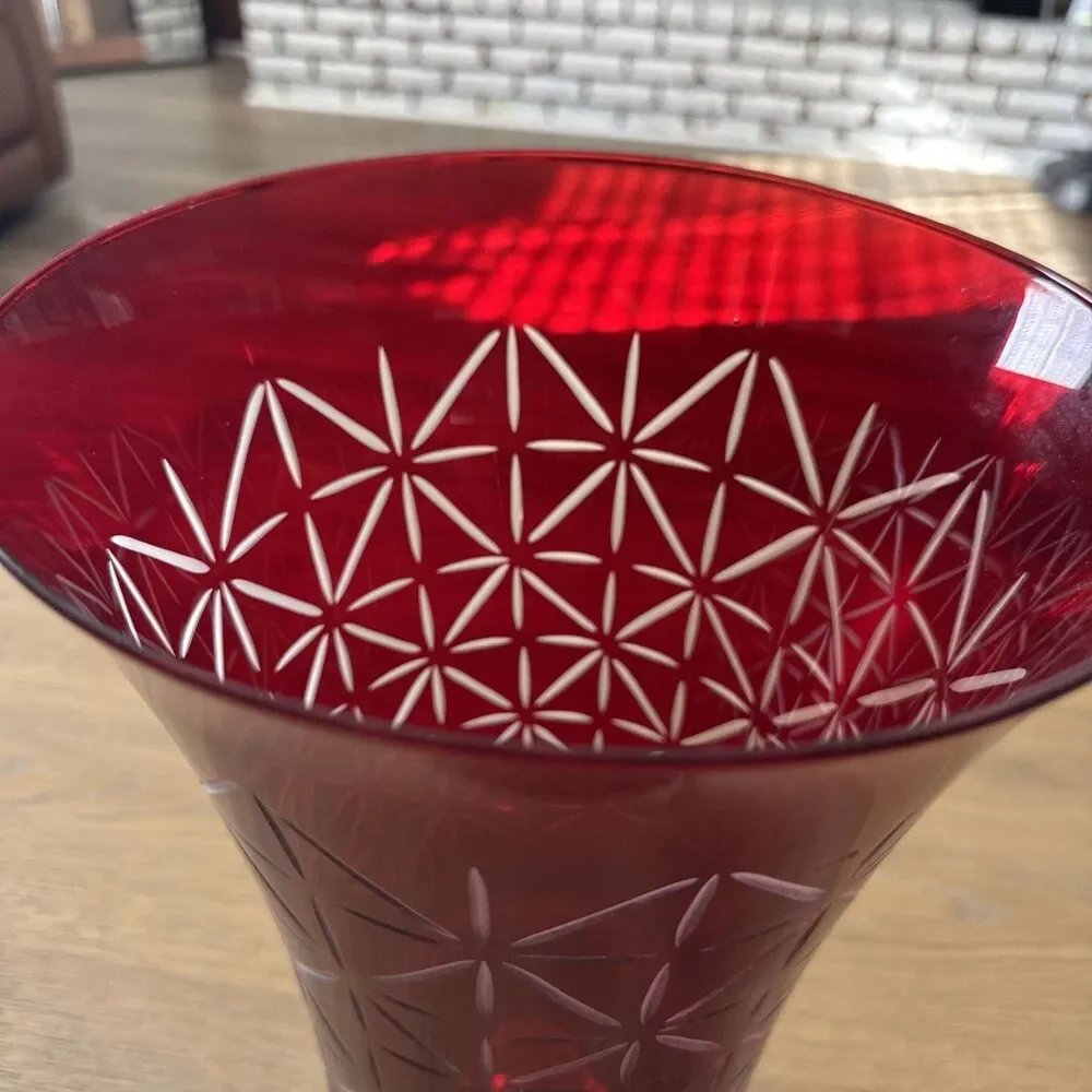 VNTG PartyLite Ruby Red Cut Glass L 13”Trumpet Vase Pedestal Geometric Cut Art